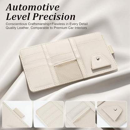 Amiss Car Sun Visor Organizer with Double Zippers, Multi-Pockets for Glasses, Pens, Cards & Documents, Universal Storage Pouch Fits Most Cars, SUVs and Trucks, Car Interior Accessories (Beige)