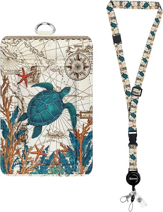 bolimoss Sea Turtle Lanyards for ID Badges, Cute Leather ID Badge Card Holder with Detachable Adjustable Neck Lanyard Strap,Retractable Badge Holders with Quick Release Buckles for Teacher Student