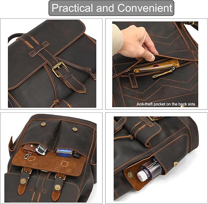 LUUFAN Genuine Leather Backpack for Men Casual Laptop Shoulder Bag Rucksack with Anti-Theft Pocket Travel Daypack, Dark Brown