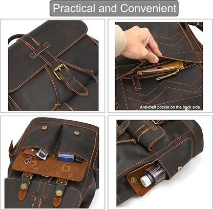 LUUFAN Genuine Leather Backpack for Men Casual Laptop Shoulder Bag Rucksack with Anti-Theft Pocket Travel Daypack, Dark Brown