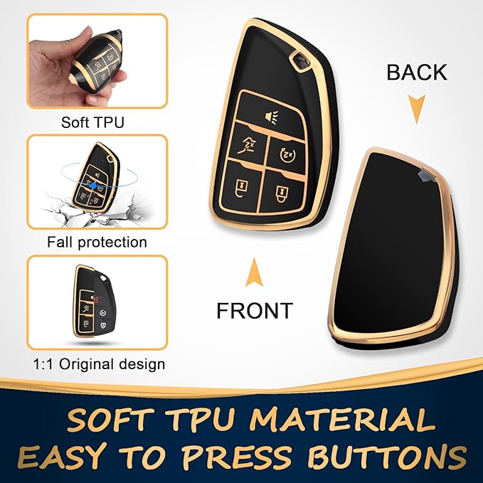 QBUC for Chevy Key Fob Cover with Keychain Soft TPU Protection Case Compatible with 2021-2026 Chevy Equinox Blazer Tahoe Suburban GMC Yukon Denali Silverado 5-Buttons(Gold Trim Black)