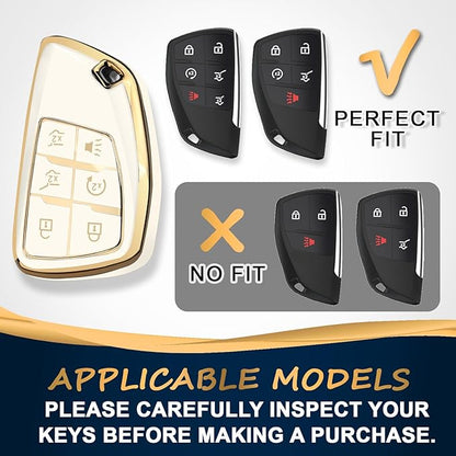 QBUC for Chevy Key Fob Cover with Keychain Soft TPU Protection Case Compatible with 2021-2026 Chevy Tahoe Suburban GMC Yukon Denali Silverado 6-Buttons(Gold Trim White)