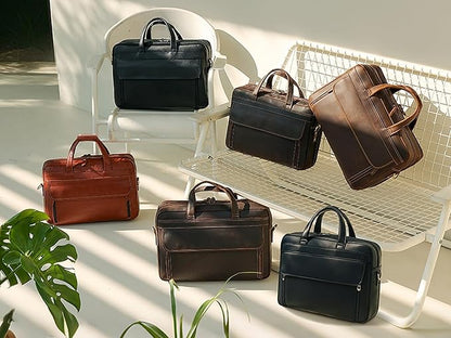 Masa Kawa Leather Briefcase for Men 15.6", 17" Laptop Computer Case Business Travel Work Messenger Cross Body Shoulder Bag