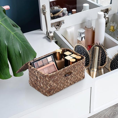 Hipiwe Handwoven Wicker Basket with Lid Desk Organizer for Remote Control Key Glass Coffee Color Seagrass Box for Decoration, 7.0"L x 4.3"W x 3.3"H