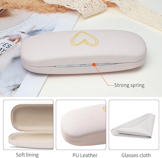 Glasses Case Hard Shell, Leather Protective Case for Sunglasses with Cleaning Cloth, Cute Eyeglass Cases for Women
