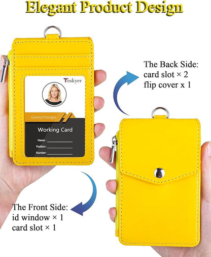 Teskyer Badge Holder with Side Zip Pocket, Multiple Card Slots Leather ID Holder Wallet with Neck Lanyard for Office Staffs, Teachers/Students, Workers, Cruise Cards, Bus/Metro Cards, Bright Yellow