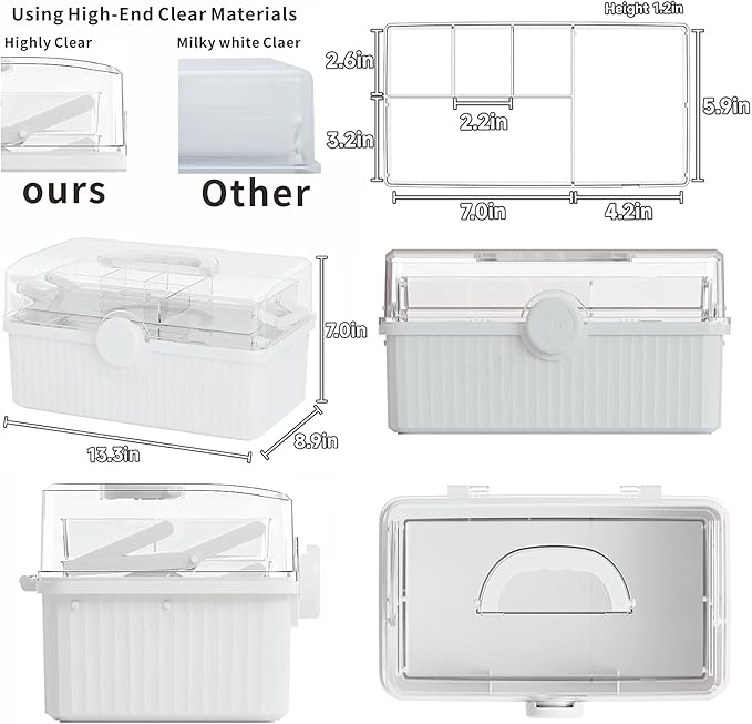 Yieach 13.3 Inch Craft Box Organizer and Medicine Organizer Storage with 2 Tier Tray,Multifunctional Plastic Sewing Organizers,Cute First aid Kit Empty Box with Handle and Craft Supply storage,White