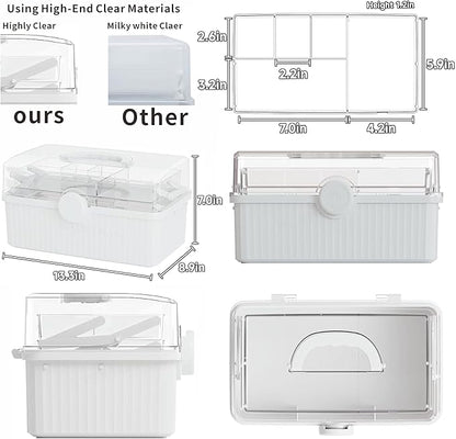Yieach 13.3 Inch Craft Box Organizer and Medicine Organizer Storage with 2 Tier Tray,Multifunctional Plastic Sewing Organizers,Cute First aid Kit Empty Box with Handle and Craft Supply storage,White