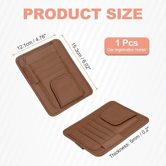 HARFINGTON Car Sun Visor Organizer 6.02" x 4.76" Leather Multi-Pocket Visor Card Sleeve Pocket Car Truck SUV Interior Storage Pouch for Driving License Credit Cards Bills Sunglasses, Brown