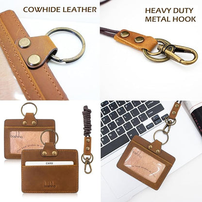 Badge Holder: Boshiho Cowhide Leather ID Badge Card Holder with 19" Neck Lanyard, Horizontal Style (Light Brown)