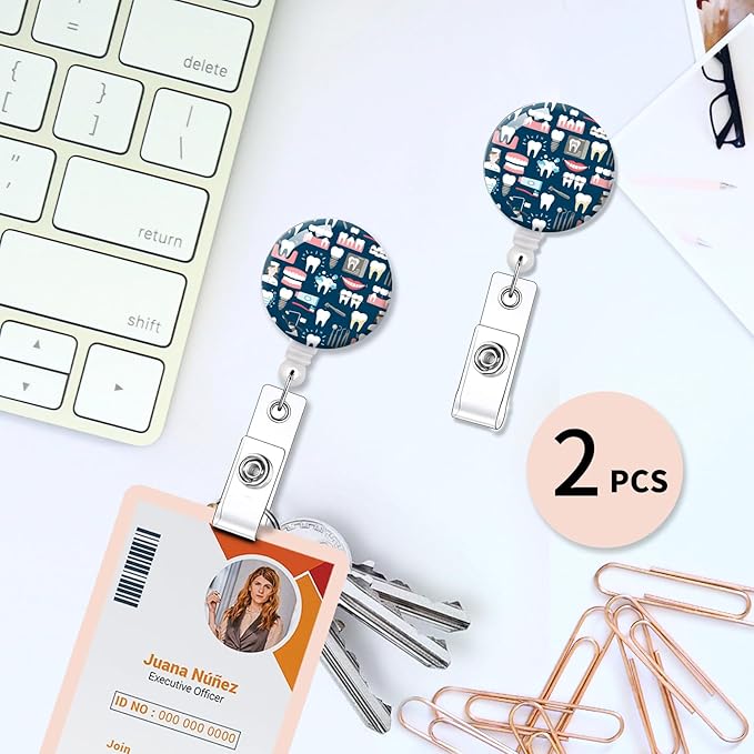 2 Pack Badge Reels Holder Retractable with ID Clip for Nurse Name Tag Card Nursing for Doctor Teacher Student Employee Office Medical Work (Cute Tooth)