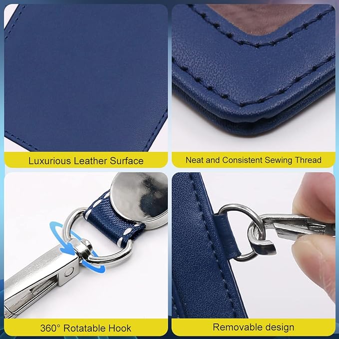 Fushing 2-Sided Leather ID Card Holder with Lanyard, Genuine Leather Badge Holder with 1 ID Window, 2 Card Slots, 1 Piece 18.7" PU Leather Detachable ID Lanyard with Swivel J Hook(Blue, Vertical)