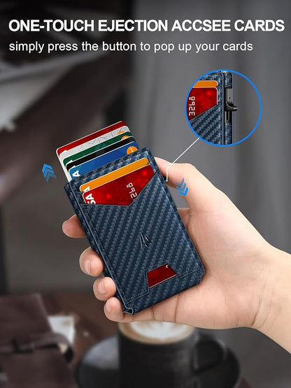 Wallet for Men, Slim Minimalist Wallet with Money Clip＆ID Window, RFID Blocking Pop-Up Credit Card Holder, Smart Auminum Mens Wallet Holds 9-13 Cards (Gift Box) (Blue Carbon Fiber)