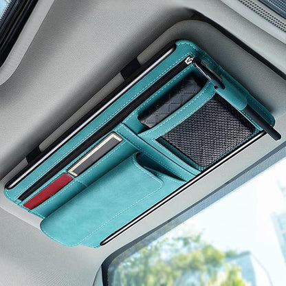 Car Sun Visor Organizer, Leather Vehicle Visor Card License Storage Pouch with Glasses Holder, Multifunctional Auto Interior Sunshade Document Pocket Organizer, Universal for Vehicles (Blue)