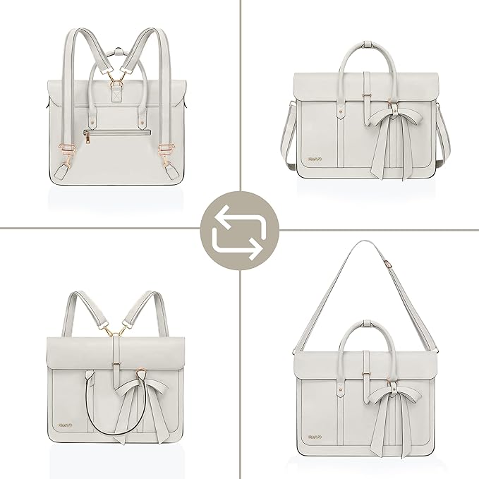 MOSISO Laptop Bag for Women, 15-15.6 inch PU Leather Laptop Shoulder Bags Convertible Backpack, 16 inch Messenger Bags Casual Handbag Work Briefcase Travel Computer Bag with Bowknot, Beige