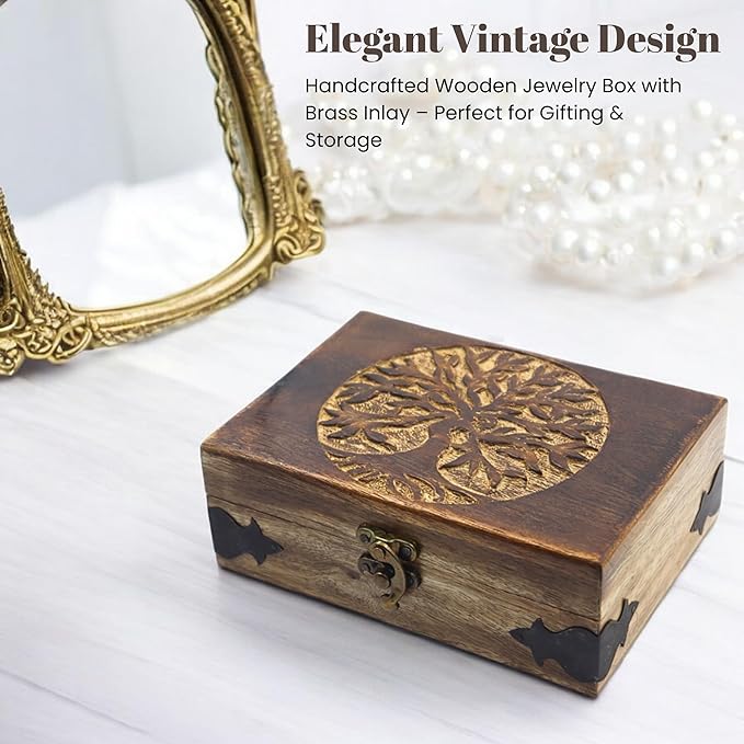 Handmade Wooden Jewelry Box with Tree of Life Engraving – Antique Handcarved Keepsake Organizer for Women & Men | Solid Wood Storage Box for Jewelry, Trinkets, Gifts & Home Décor