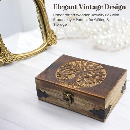 Handmade Wooden Jewelry Box with Tree of Life Engraving – Antique Handcarved Keepsake Organizer for Women & Men | Solid Wood Storage Box for Jewelry, Trinkets, Gifts & Home Décor