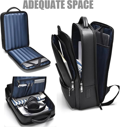 CHAO RAN Leather Laptop Backpack for Men Fit 15.6 Inch Laptop, Business Work Office College Medium Backpack with USB Charging Port, Waterproof Black Travel Bag (Black01)