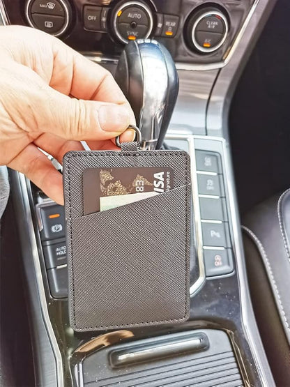 Leather Badge Holder, Vertical ID Card Holder with Clear Window, 2 Elastic Card Slots & Detachable Lanyard for Offices, Schools (Black-Twill)