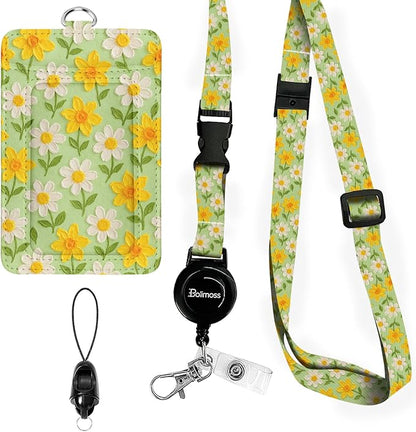 bolimoss Daisy Breakaway Lanyards for Id Badges, Cute Flower Leather Badge Holder with Retractable Adjustable Lanyard ID Name Badge Card Holder with Safety Quick Release Buckles for Women Teacher