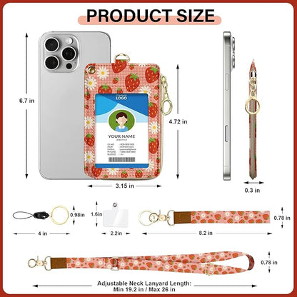 Lanyard Wallet Women, Id Badge Holder with Neck & Wristlet Lanyard, Cute Zipper Id Card Holder with Adjustable Lanyard, Id Badge with RFID Keychain Wallet for Women Office Gift - Strawberry