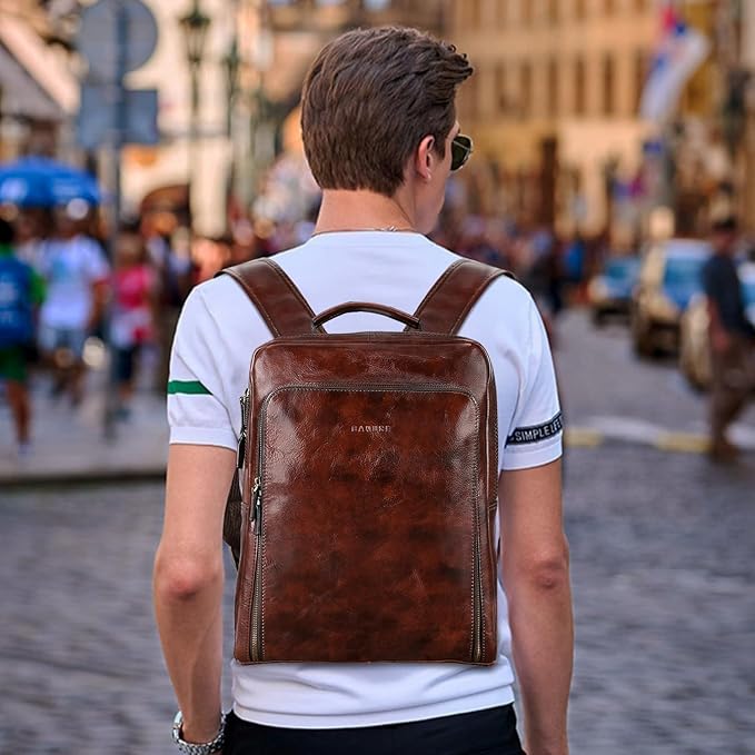 Banuce Full Grain Italian Leather Backpack for Men Laptop Backpack for Business Work Travel with Luggage Strap and Adjustable Strap Vintage Brown
