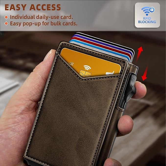 Genuine Leather Wallet for Men Slim Magnetic Flip Bifold with Money Clip and Metal Card Case Holds 9 Cards Ideal for Gifts and Daily Use (Coffee)