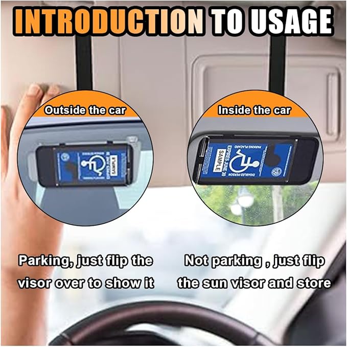 JOYCOURT Handicap Placard Holder for Car, Disabled Parking Permit Sign Protector, Car Interior Sun Visor Storage Clip with Pen Holder, Note Paper Slot, Elastic Strap
