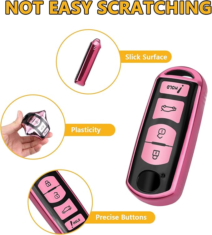 FT FUNTOR for Mazda Car Key Cover,4 Pink Buttons TPU Key Cover with Keychain,Compatible with Mazda 3 6 8 CX-3 CX-5 CX-7 CX-9 atenza Miata MX-5 (C-Pink)
