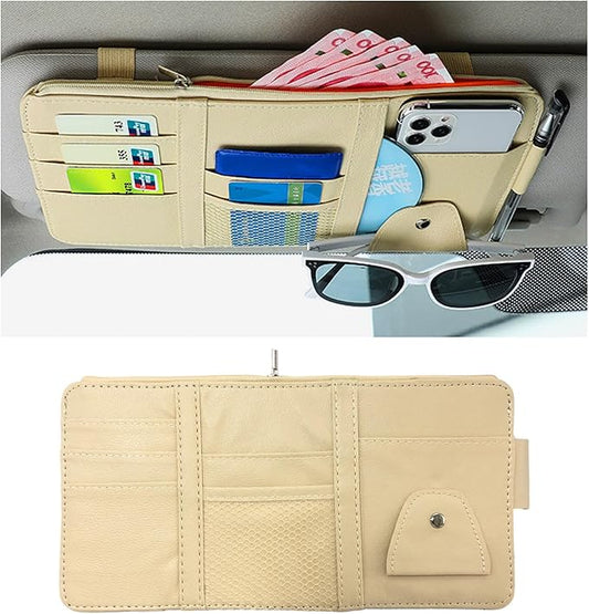 Ohleats Car Sun Visor Organizer, Multifunctional Visor Storage Holder for License Pen Key, Leather Card Cash Pouch with Multi-Pocket Net Zipper, Universal Interior Car Accessories (Beige)