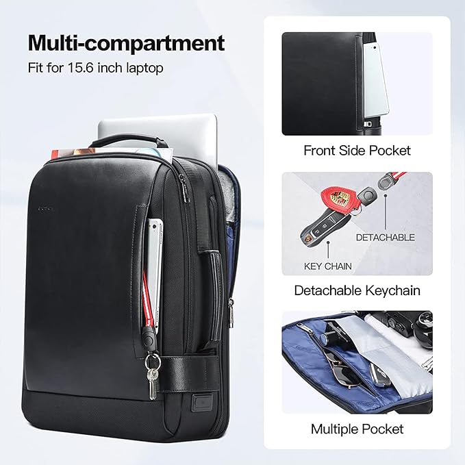 BOPai Business Smart 15.6 Inch Laptop Backpack Convertible Expandable Anti-Theft USB Charging Multi-Functional Travel Professional Work Office Men Commuter Large Black With Bottle Holder Waterproof