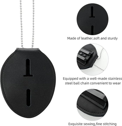 Badge Holder, Security Badge Holder Security Guard Cowhide Universal Holders Belt Clip,Metal Clip and Chain Included for Officer Gifts (Black)