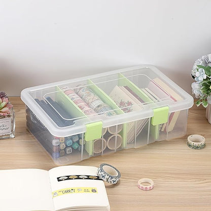 BTSKY Clear Plastic Dividing Storage Box with 4 Compartments Adjustable Storage Bin with Lid Plastic Craft Storage Container Multipurpose Sewing Box Art Supply Organizer, 13.3x8.1x3.4 Inches, Green