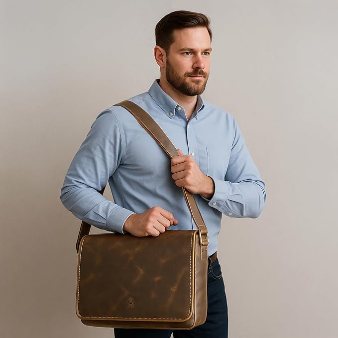 Leather Messenger Bag for Men 16" Full Grain Leather Laptop Bag Vintage Crossbody Office Satchel Travel Shoulder Bag