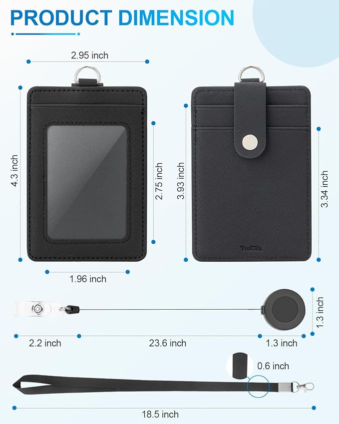 PU Leather Badge Holder with Lanyard, Black Lanyard with Retractable Reel Clips, Multiple Card Slots with Leather Snap, ID Badge Holder for Office Staff Doctor Teacher