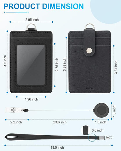 PU Leather Badge Holder with Lanyard, Black Lanyard with Retractable Reel Clips, Multiple Card Slots with Leather Snap, ID Badge Holder for Office Staff Doctor Teacher