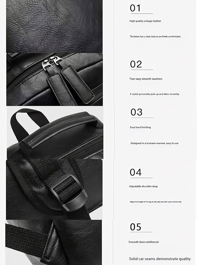 Unisex PU leather laptop bag work business bag hiking backpack leisure day bag university schoolbag (Large,Black 1)