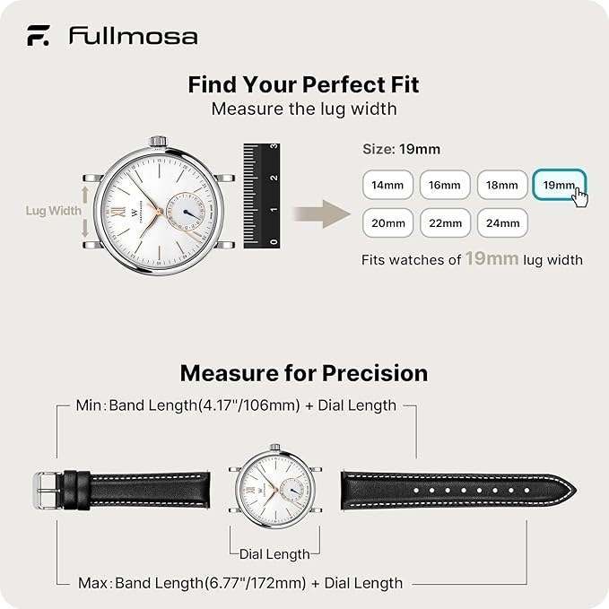 Fullmosa Watch Band, Quick Release Leather Watch Strap for Men Women, Replacement Bands Width 12mm 14mm 16mm 18mm 19mm 20mm 21mm 22mm 24mm