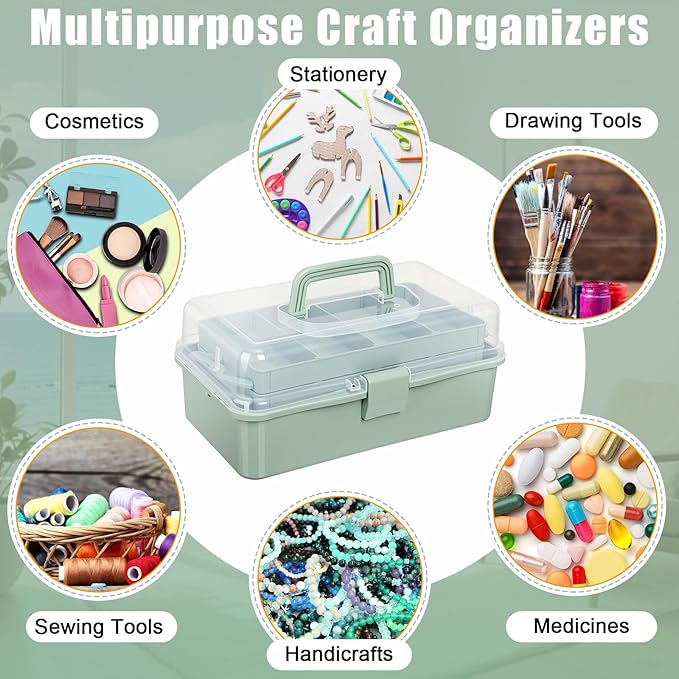 Teecyhooo 2 Pcs 13 Inch 3-layer Multipurpose Craft Organizers Storage Portable Plastic Tackle Box with Adjustable Spacers and Handled Folding Art Craft Case for Sewing Art Supply Medicine(Green)