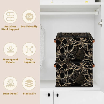 Storage Bins With Zipper Lid, Collapsible Trunk Organizer, Car Organizers and Storage Bins with Lids, Decorative Storage Boxes with Handle, Home Storage Baskets For Organizing (Golden Lotus)