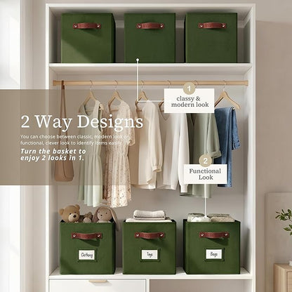 DECOMOMO Storage Baskets, 13x15x13 Storage Cube Bins with Labels for Organizing Shelves Kallax (Kallax / 4pcs, Olive Green)