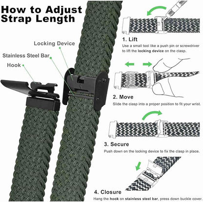 WOCCI 22mm Braided Nylon Watch Band for Men and Women, Quick Release, Black Stainless Steel Buckle (Khaki Green)