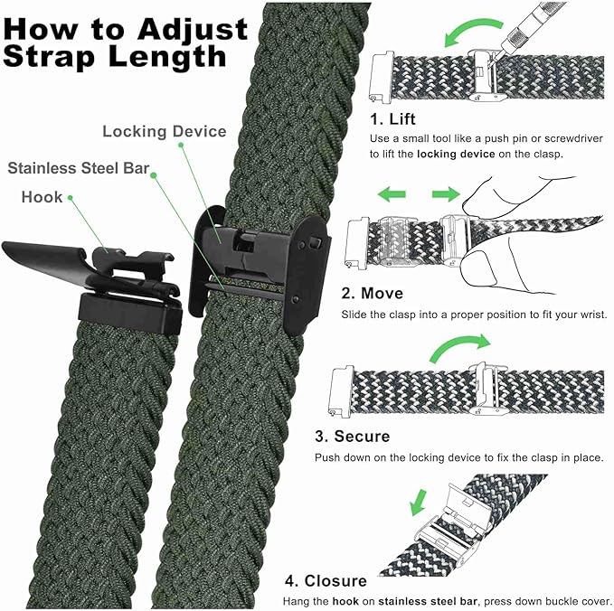 WOCCI 24mm Braided Nylon Watch Band for Men and Women, Quick Release, Black Stainless Steel Buckle (Khaki Green)