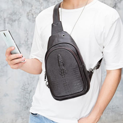 NIUCUNZH Crocodile Leather Sling Bag with Leather Strap, 3 Zipper Crossbody Shoulder Bags for Travel Hike Everyday Carry