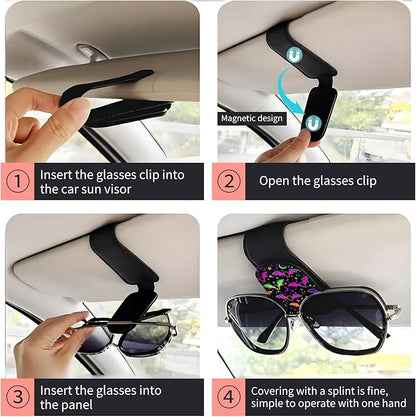 Sunglasses Holder for Car Visor, PU Leather Glasses Clip Organizer, Cute Magnetic Eyeglass Holder for Vehicle Sun Visor, Car Interior Accessory for Women & Men Purple Bats Sky