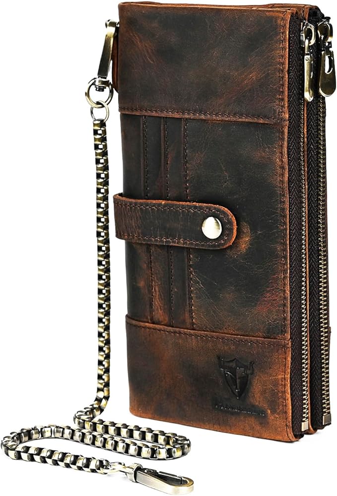 Genuine Crazy Horse Leather Travel Gift Coin Pocket Card Case Long Organizer Chain Rfid Wallet Purse With Snap For Men Male 1803 1815 (1822 Brown)