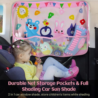 DIZA100 Car Sun Shade for Window Baby (2 Pack), Blackout Window Shades with Storage Net Pocket, 7 Suction Cups, Cute Patterns for Sun/Heat/UV Rays Block