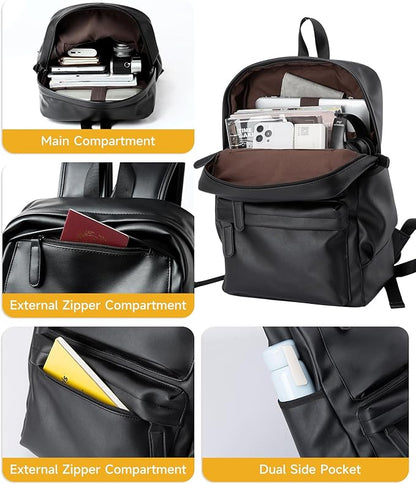 MOYYI Leather Laptop Backpack for Men Black Fit 15.6inch Laptop Backpack Simplify Rucksack Waterproof for Work Commute Casual Daypack