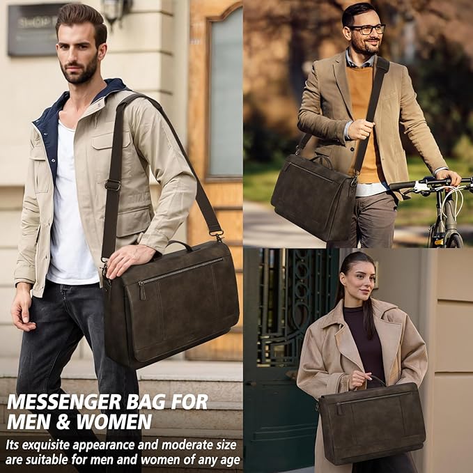 RAINSMORE Leather Messenger Bag for Men 15.6 Inch Laptop Bag Vintage Briefcase Large Computer Bag Satchel Shoulder Bag For College, Work, Business, Office, Wood