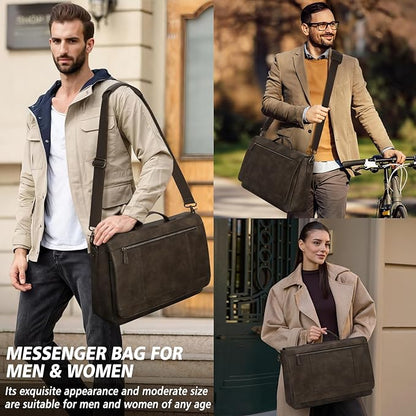 RAINSMORE Leather Messenger Bag for Men 15.6 Inch Laptop Bag Vintage Briefcase Large Computer Bag Satchel Shoulder Bag For College, Work, Business, Office, Wood